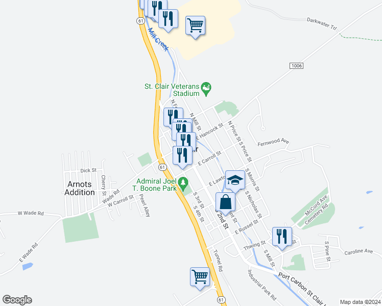 map of restaurants, bars, coffee shops, grocery stores, and more near 37 North 2nd Street in Saint Clair