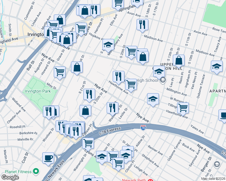 map of restaurants, bars, coffee shops, grocery stores, and more near in Newark