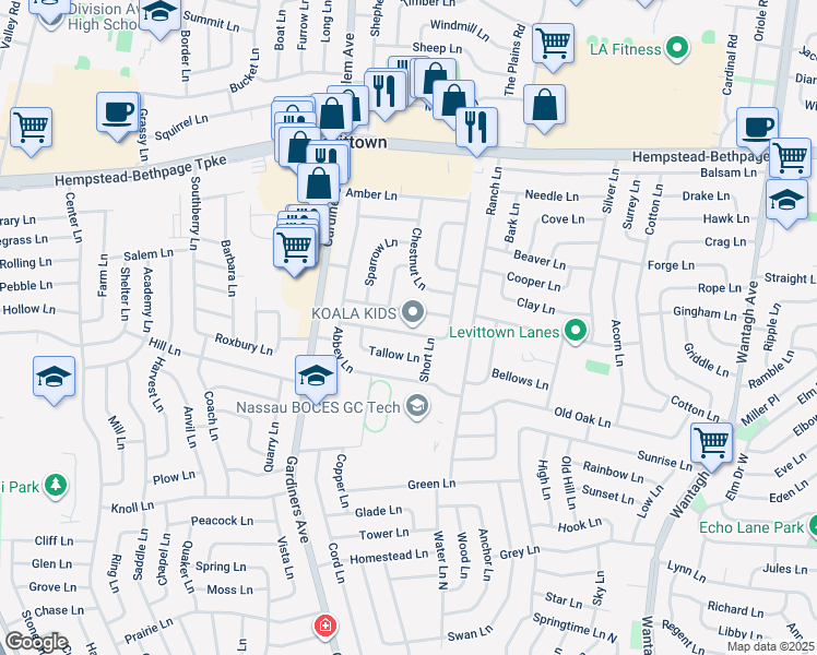 map of restaurants, bars, coffee shops, grocery stores, and more near 35 Bayberry Lane in Levittown