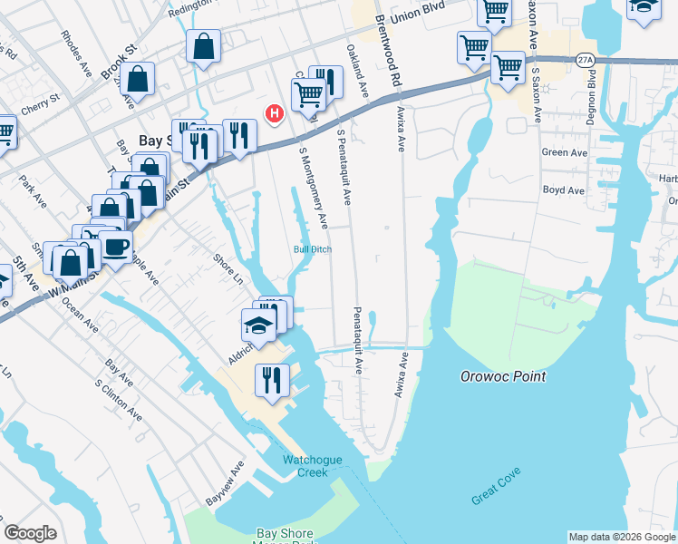 map of restaurants, bars, coffee shops, grocery stores, and more near 75 South Montgomery Avenue in Bay Shore
