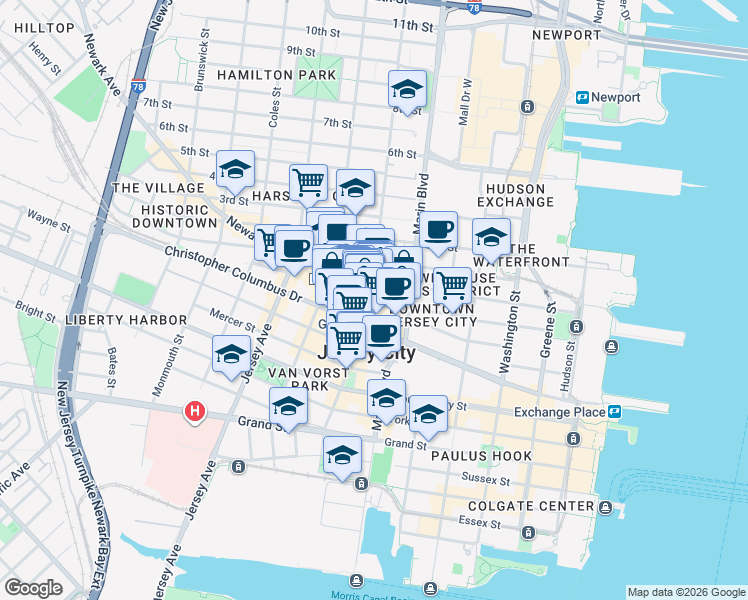 map of restaurants, bars, coffee shops, grocery stores, and more near in Jersey City