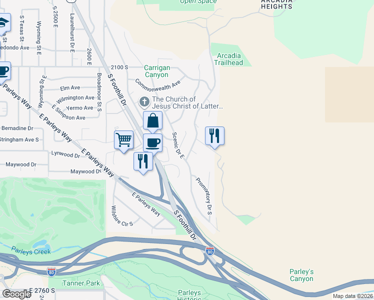map of restaurants, bars, coffee shops, grocery stores, and more near 2355 Scenic Drive East in Salt Lake City