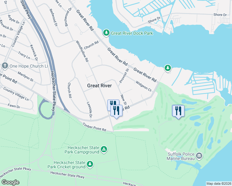 map of restaurants, bars, coffee shops, grocery stores, and more near 12 New St in Great River