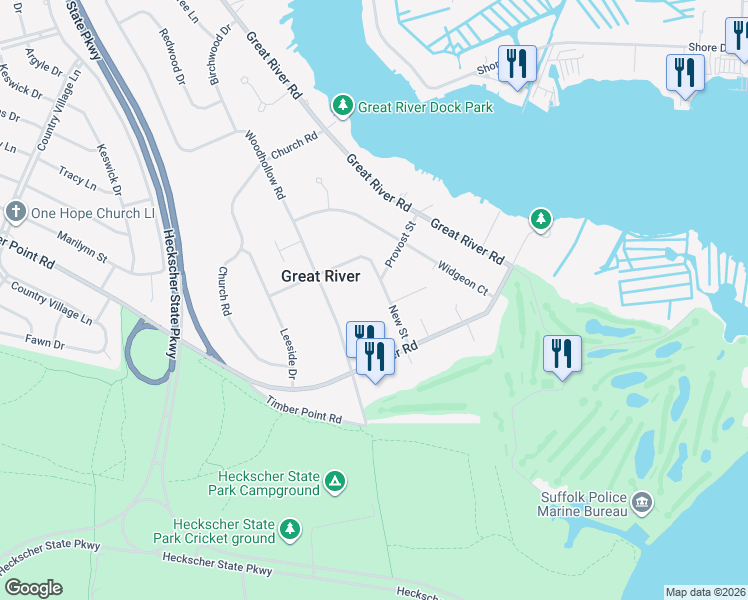 map of restaurants, bars, coffee shops, grocery stores, and more near 12 New Street in Great River