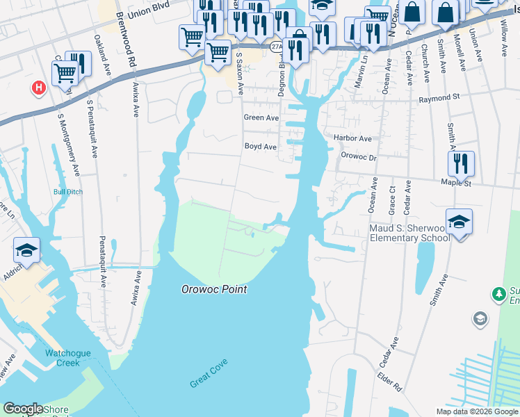 map of restaurants, bars, coffee shops, grocery stores, and more near 12 Dover Court in Bay Shore