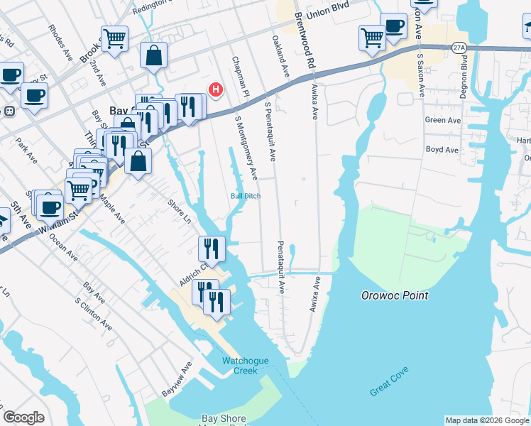 map of restaurants, bars, coffee shops, grocery stores, and more near 75 South Montgomery Avenue in Bay Shore