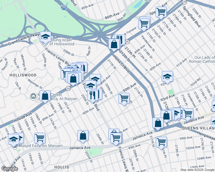 map of restaurants, bars, coffee shops, grocery stores, and more near 89-38 210th Street in Queens