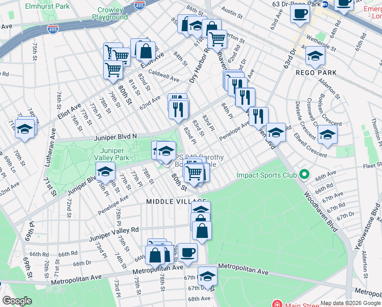 map of restaurants, bars, coffee shops, grocery stores, and more near in Queens