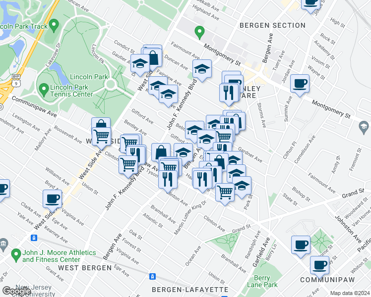 map of restaurants, bars, coffee shops, grocery stores, and more near 17 Gifford Avenue in Jersey City
