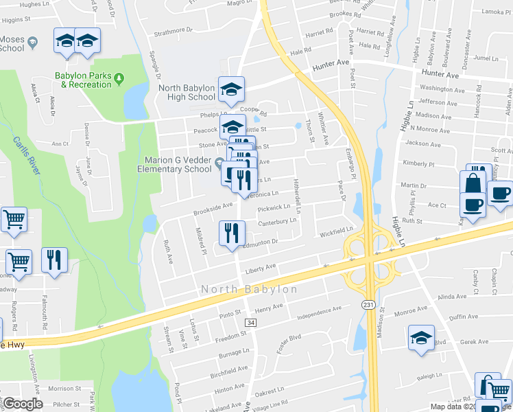 map of restaurants, bars, coffee shops, grocery stores, and more near 55 Pickwick Lane in North Babylon