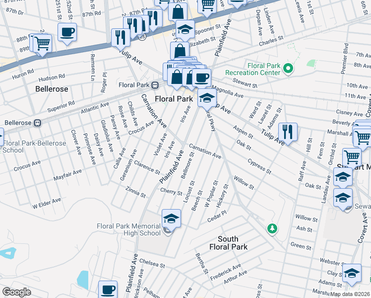 map of restaurants, bars, coffee shops, grocery stores, and more near 263 Plainfield Avenue in Floral Park