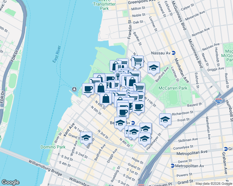 map of restaurants, bars, coffee shops, grocery stores, and more near 8791 Wythe Avenue in Brooklyn