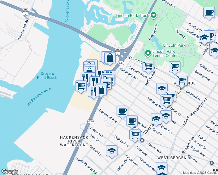 map of restaurants, bars, coffee shops, grocery stores, and more near 694 Virginia Avenue in Jersey City