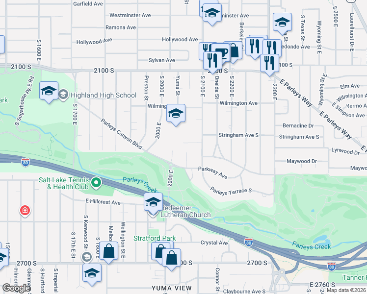 map of restaurants, bars, coffee shops, grocery stores, and more near 2034 Ashton Circle South in Salt Lake City