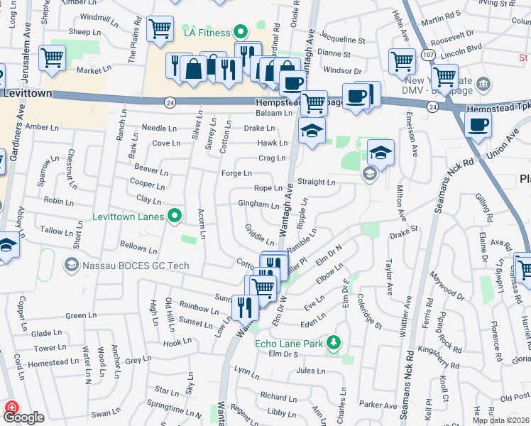map of restaurants, bars, coffee shops, grocery stores, and more near 7 Saucer Lane in Levittown