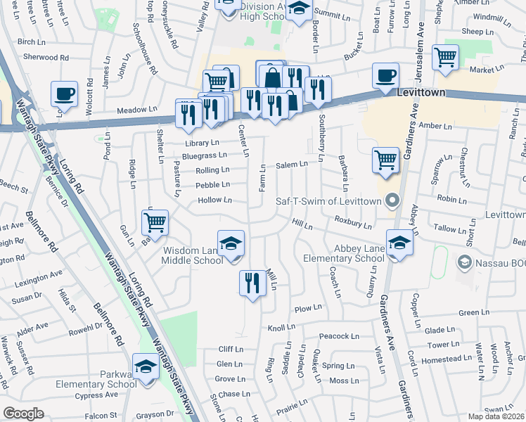 map of restaurants, bars, coffee shops, grocery stores, and more near 57 Farm Lane in Levittown