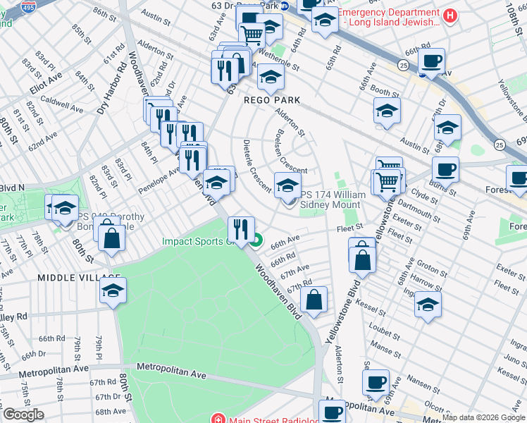 map of restaurants, bars, coffee shops, grocery stores, and more near 64-70 Ellwell Crescent in Queens