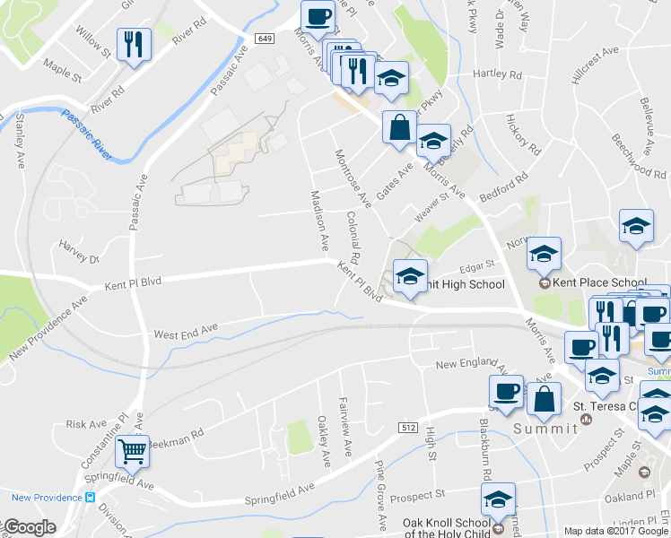map of restaurants, bars, coffee shops, grocery stores, and more near 168 Kent Place Boulevard in Summit