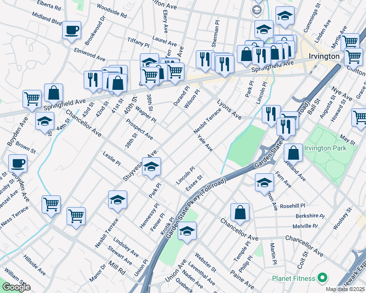 map of restaurants, bars, coffee shops, grocery stores, and more near 170 Nesbit Terrace in Irvington