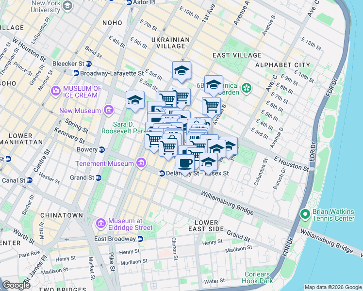 map of restaurants, bars, coffee shops, grocery stores, and more near 138 Stanton Street in New York
