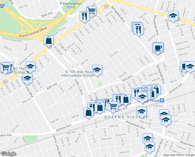 map of restaurants, bars, coffee shops, grocery stores, and more near 213-10 92nd Avenue in Queens