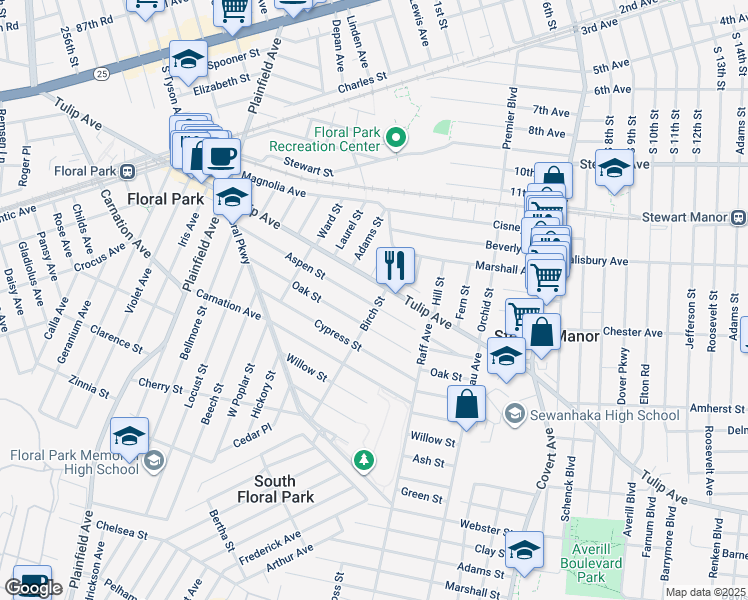 map of restaurants, bars, coffee shops, grocery stores, and more near 153 Aspen Street in Floral Park