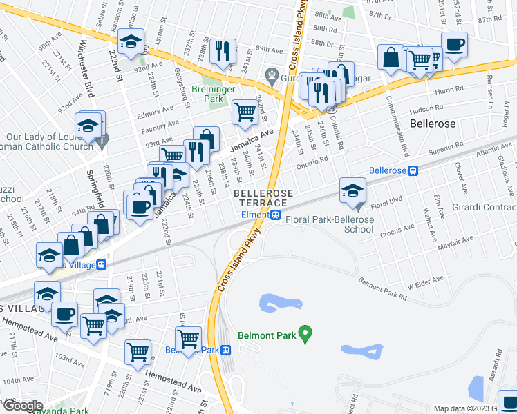 map of restaurants, bars, coffee shops, grocery stores, and more near 24216 Superior Road in Floral Park