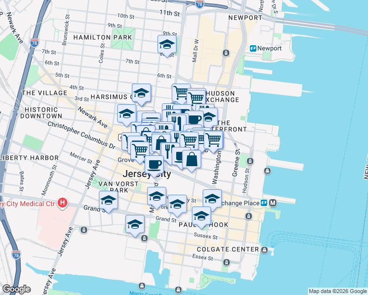 map of restaurants, bars, coffee shops, grocery stores, and more near 133 Morgan Street in Jersey City
