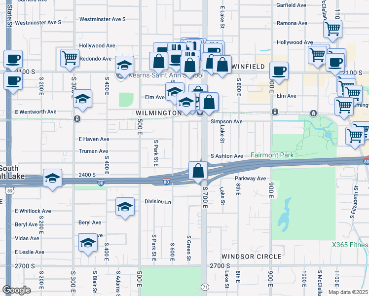 map of restaurants, bars, coffee shops, grocery stores, and more near 2318 Green Street East in Salt Lake City