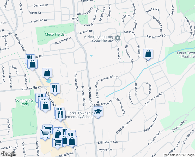 map of restaurants, bars, coffee shops, grocery stores, and more near 100 Wynnwood Lane East in Easton