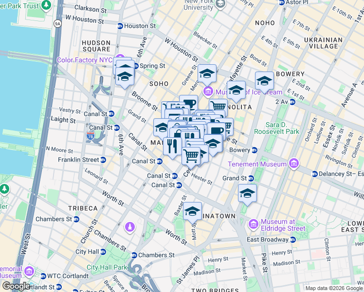 map of restaurants, bars, coffee shops, grocery stores, and more near Grand St & Crosby St in New York