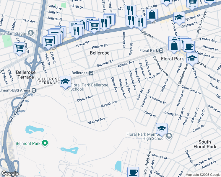 map of restaurants, bars, coffee shops, grocery stores, and more near 34 Maple Avenue in Floral Park