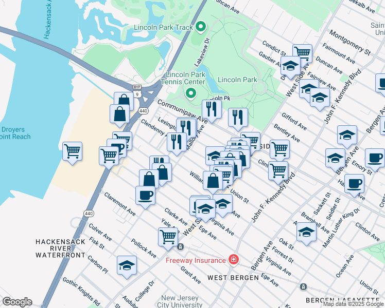 map of restaurants, bars, coffee shops, grocery stores, and more near 213 Clendenny Avenue in Jersey City