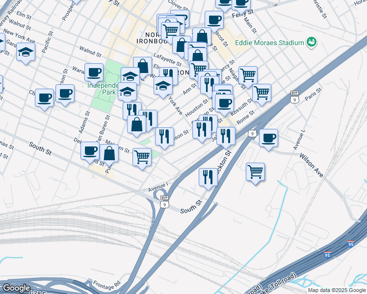 map of restaurants, bars, coffee shops, grocery stores, and more near 41 Gotthardt Street in Newark