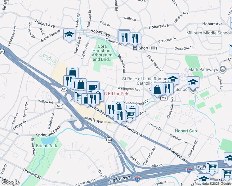 map of restaurants, bars, coffee shops, grocery stores, and more near 23 Elmwood Place in Essex County