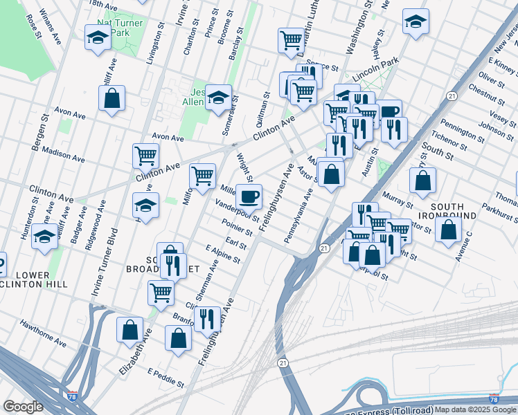 map of restaurants, bars, coffee shops, grocery stores, and more near 123 Miller Street in Newark