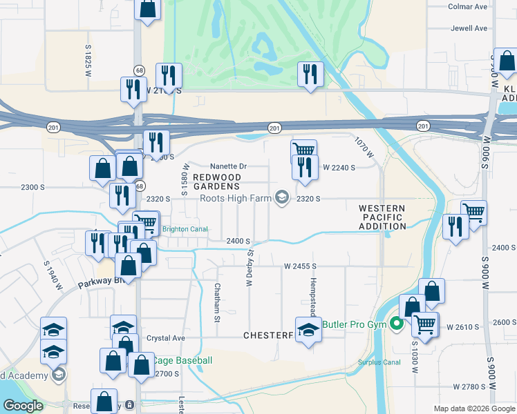 map of restaurants, bars, coffee shops, grocery stores, and more near 2331 West Derby Street in West Valley City