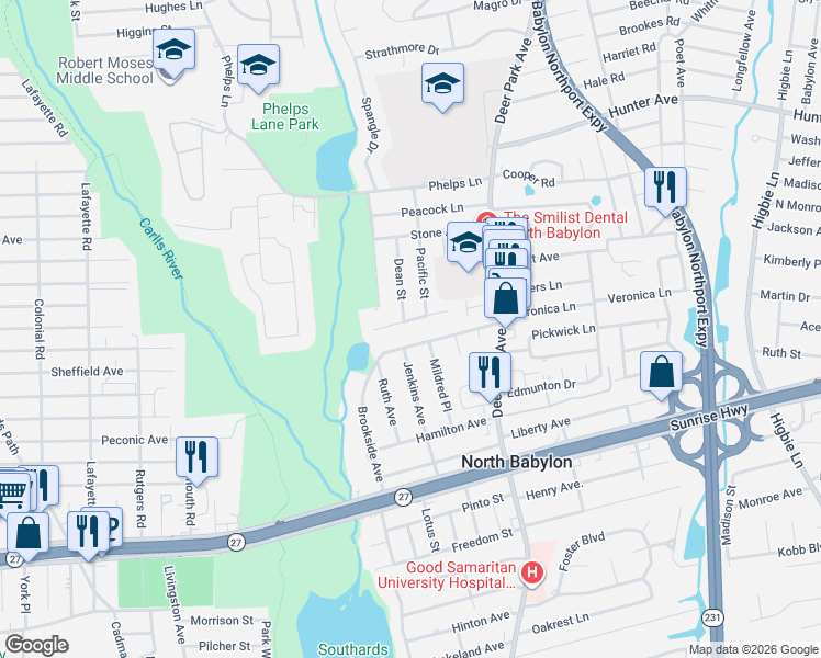 map of restaurants, bars, coffee shops, grocery stores, and more near 24 Espie Ln in North Babylon