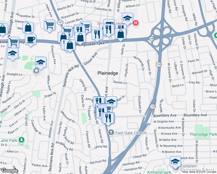 map of restaurants, bars, coffee shops, grocery stores, and more near 45 Stewart Avenue in Bethpage