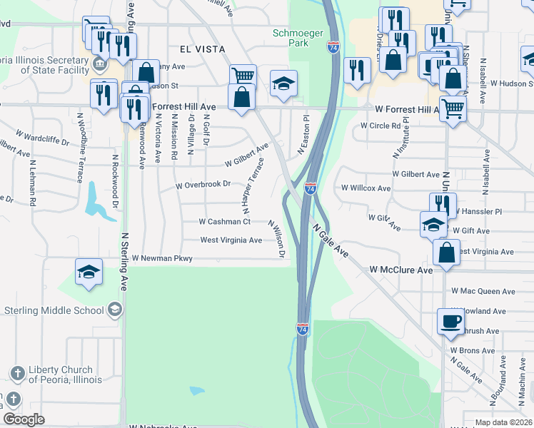 map of restaurants, bars, coffee shops, grocery stores, and more near 1917 West Cashman Court in Peoria