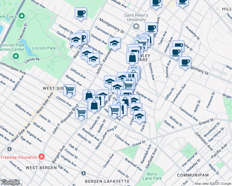 map of restaurants, bars, coffee shops, grocery stores, and more near 590 Bergen Avenue in Jersey City