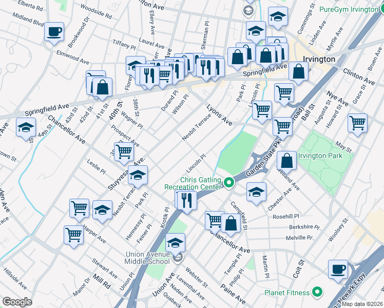 map of restaurants, bars, coffee shops, grocery stores, and more near 166 Park Place in Irvington