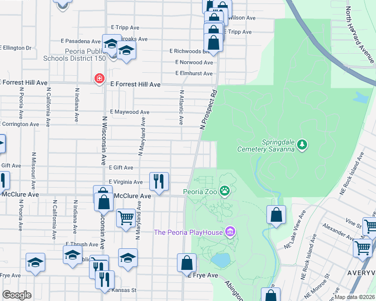 map of restaurants, bars, coffee shops, grocery stores, and more near 1235 East Seneca Place in Peoria