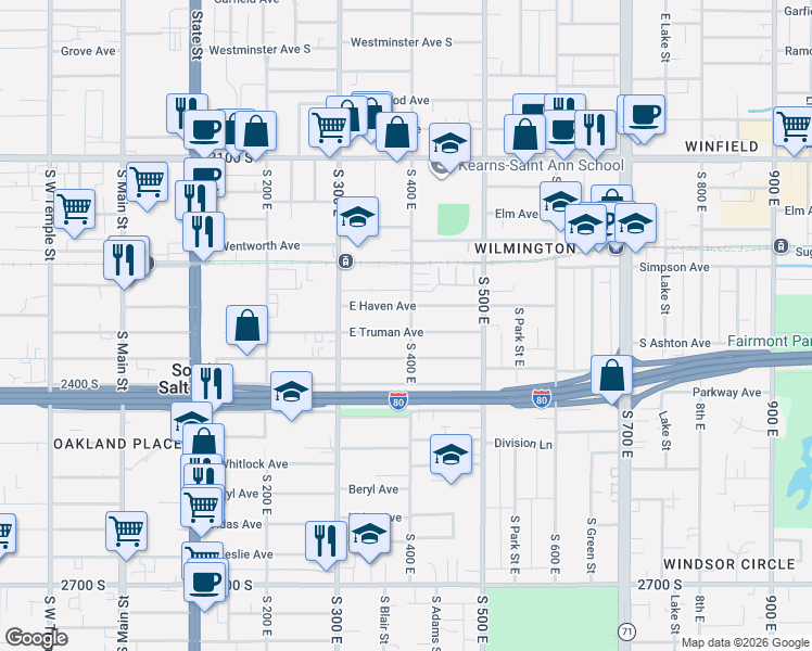 map of restaurants, bars, coffee shops, grocery stores, and more near 379 East Truman Avenue in South Salt Lake