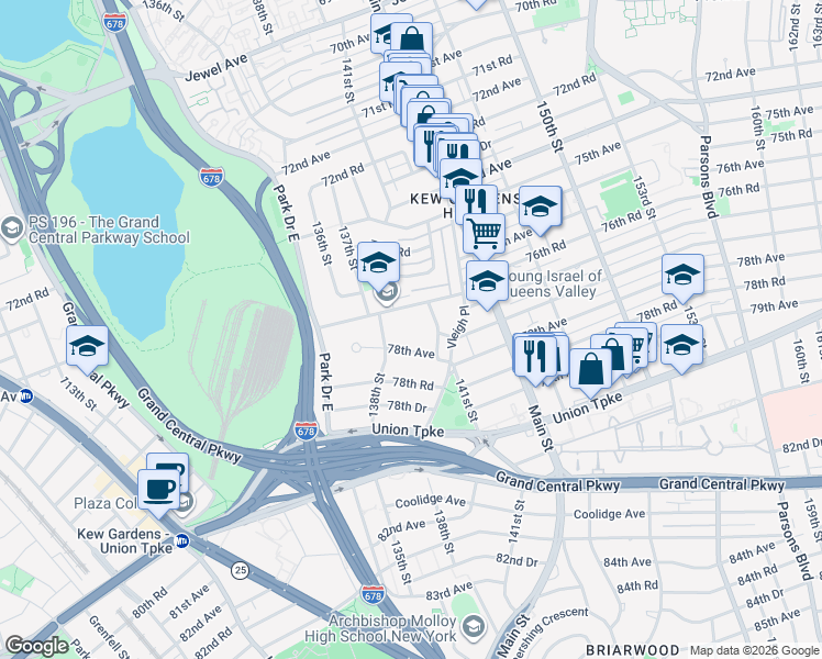 map of restaurants, bars, coffee shops, grocery stores, and more near 138-24 77th Avenue in Queens