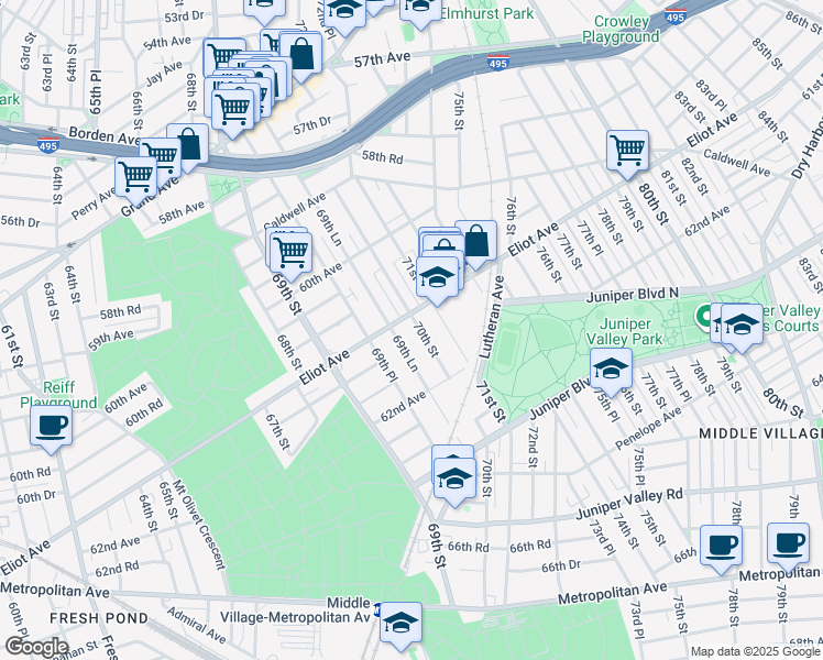 map of restaurants, bars, coffee shops, grocery stores, and more near 69-76 Eliot Avenue in Queens