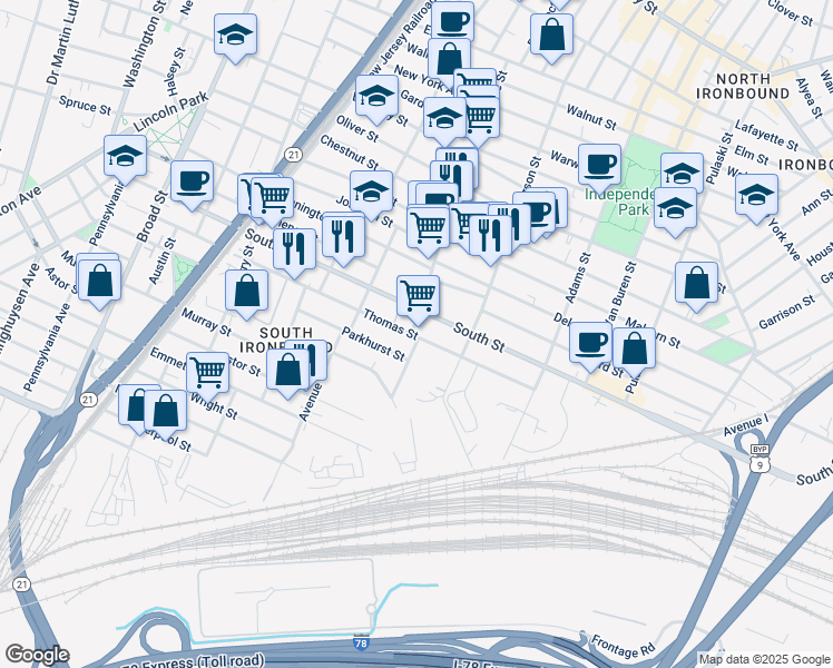 map of restaurants, bars, coffee shops, grocery stores, and more near 200 Pacific Street in Newark