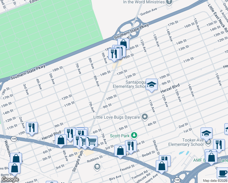 map of restaurants, bars, coffee shops, grocery stores, and more near 841 11th Street in West Babylon