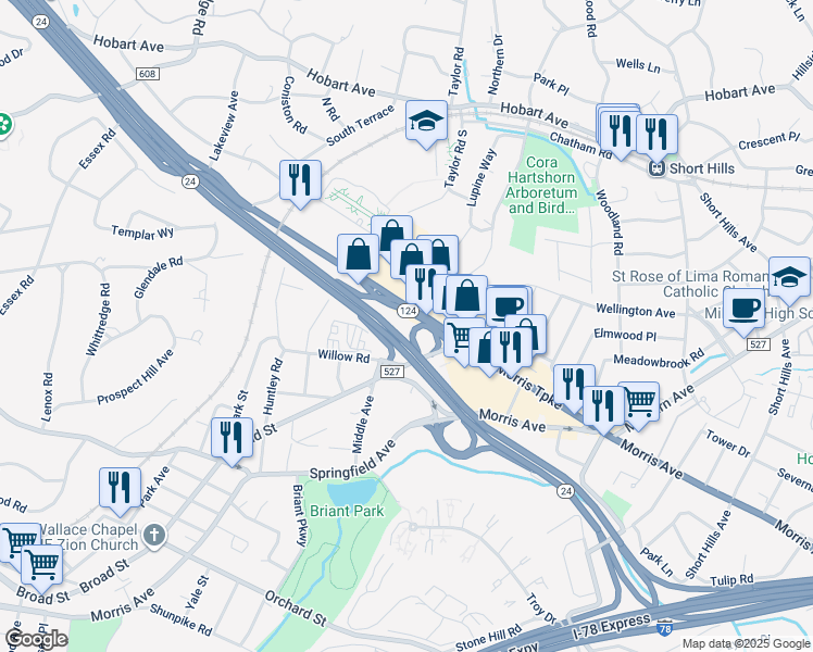 map of restaurants, bars, coffee shops, grocery stores, and more near 16 Morris Turnpike in Summit