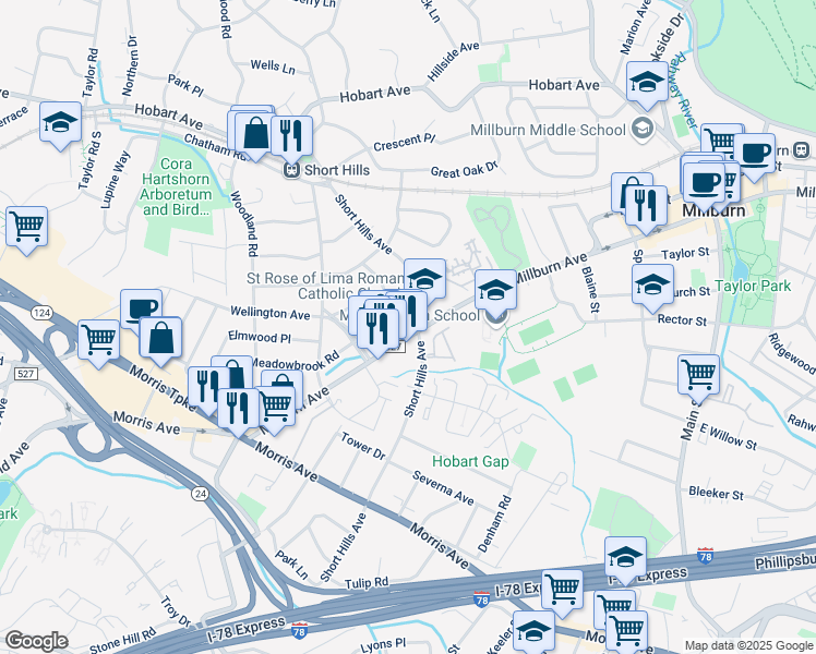map of restaurants, bars, coffee shops, grocery stores, and more near 505 Millburn Avenue in Essex County